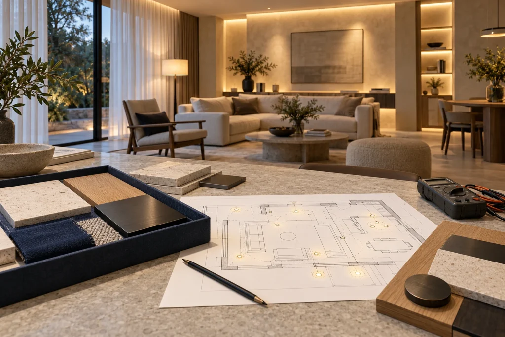 Lighting design plan, coordinated material samples and layered room lighting.