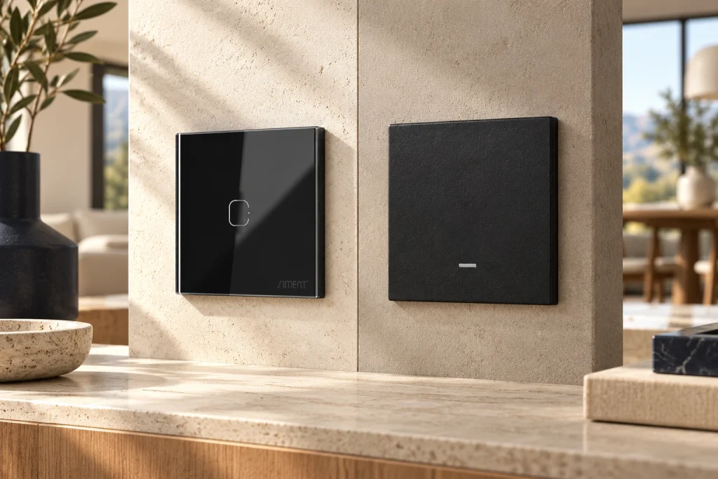 TouchLight touch and Piano physical-button controls on material sample walls.