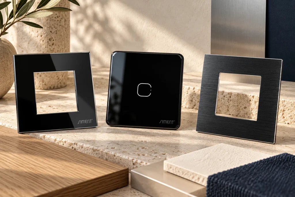 Flat glass, curved glass and aluminium TouchLight fronts with finish samples.