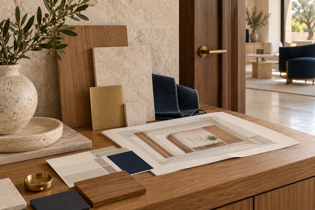 Interior material samples, hardware finishes and an architectural wall elevation.