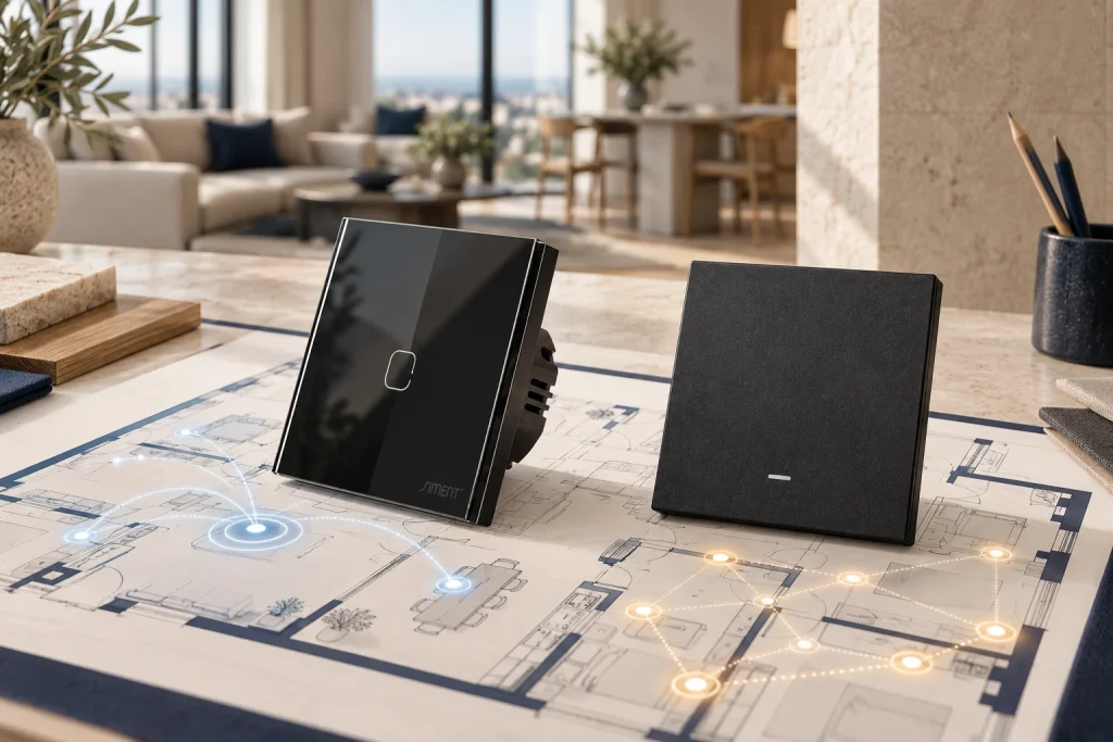 TouchLight Wi-Fi and Piano Zigbee controls on a smart-home network planning layout.