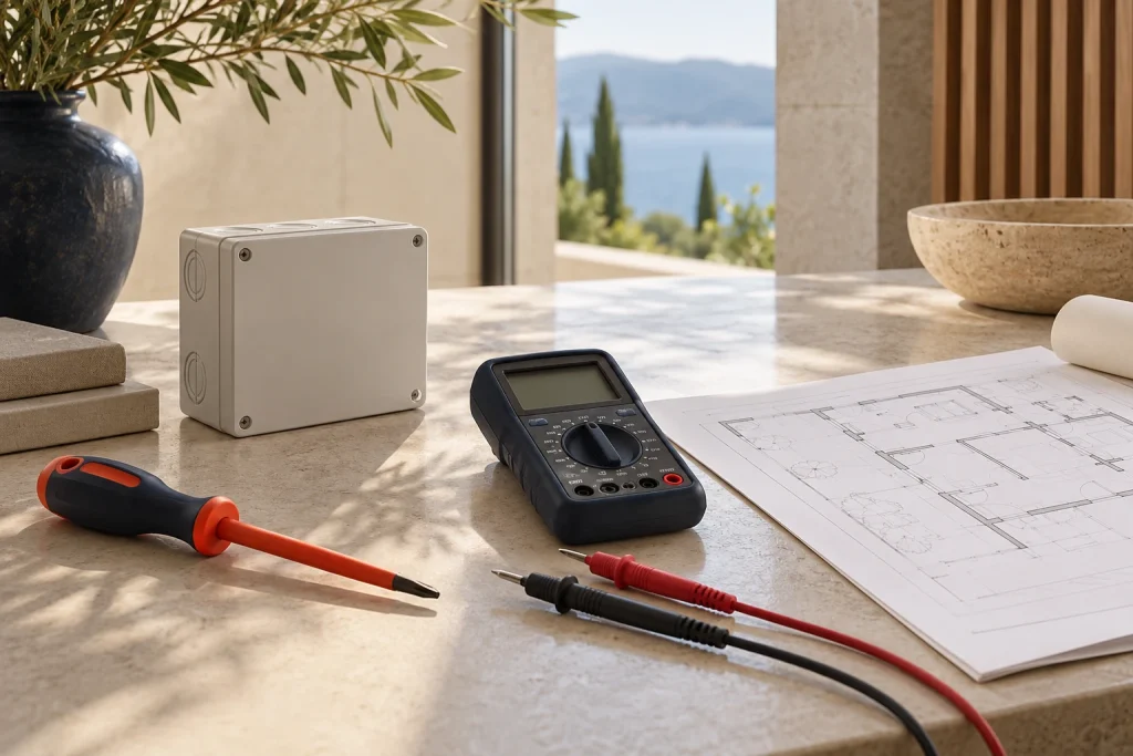 Electrical survey tools and a circuit plan prepared for smart-switch selection.