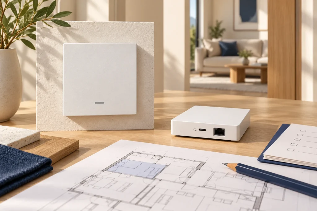 Siment Piano wall control and a wired gateway in a smart-home planning scene.