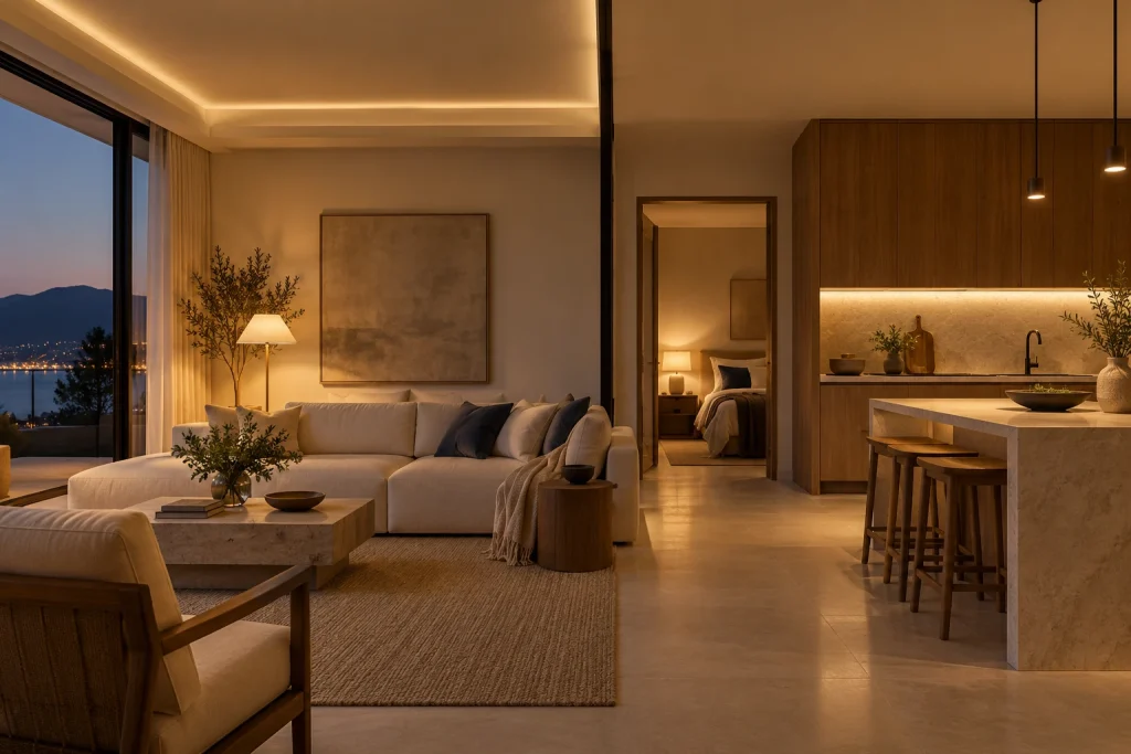 Layered evening lighting across a living room, kitchen and bedroom.