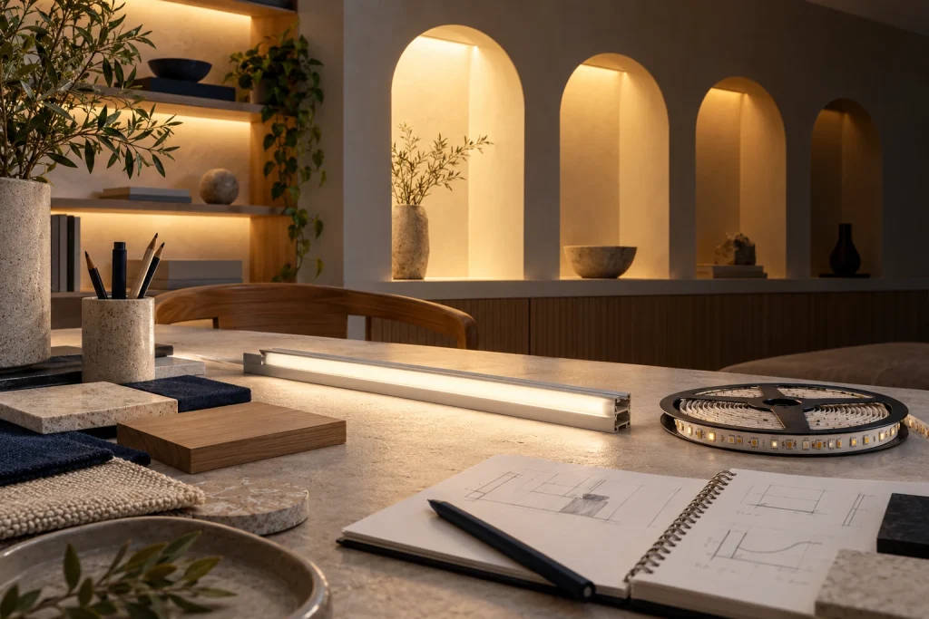 LED strip lighting and graduated ambient lighting in a design studio.